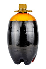 Transparent brown plastic barrel shaped bottle with drink isolated on white background