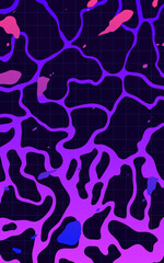 Swimming pool ripples water surface illustration background, ultraviolet, purple and pink neon color and grid tiles floor with abstract paint splatter elements