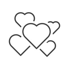 Icon of a set of hearts of different sizes scattered over the area. Linear execution using a thin line. Isolated vector on white background.