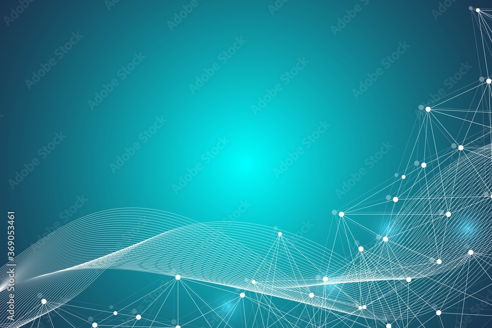 Poster geometric abstract background with connected line and dots. structure molecule and communication. bi