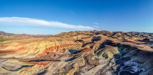 Aerial panorama of the Painted Hills in Oregon.