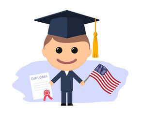 Cartoon graduate with graduation cap holding diploma and flag of the USA