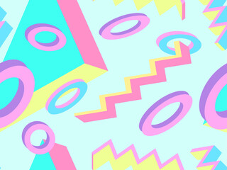 Seamless pattern 3d isometric geometric shapes in memphis style 80s. Background for promotional products, wrapping paper and printing. Vector illustration