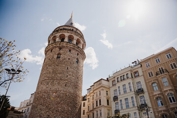 View on Galata Tower from the street in Istanbul, Turkey