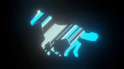 Illustration graphic of colorful lining texture or pattern formation on the horse body shape, isolated on black background. 3d rendering abstract loop neon lighting effect on horse shape. © Aman