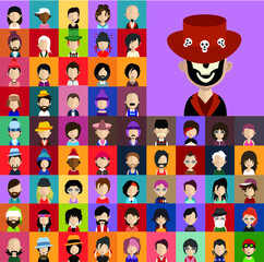 Fototapeta na wymiar Set of people icons in flat style with faces. Vector women, men with color background