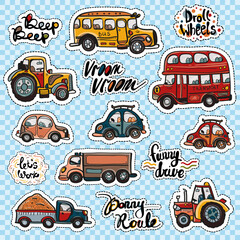 Set of vector hand drawn kids toy transport patches or stickers. Bright cartoon doodle colorful sketch badges and pins.