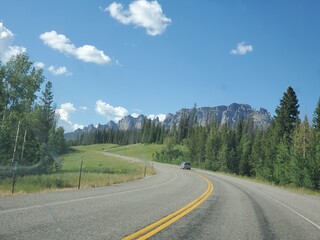 Fototapeta premium Rock formation and trees along the highway in Wyoming