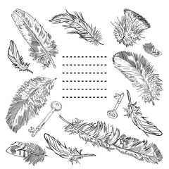 Decorative frame of hand drawn soaring feathers and keys with a space for text. Invitation, postcard, coloring page.
