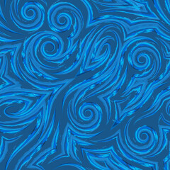 Vector watercolor seamless pattern drawn with a brush on a blue background for decor.Smooth lines with torn edges in the form of spirals of corners and loops.