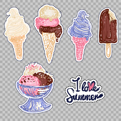 Ice cream fashion badges, stickers, patches, pins. Set of design elements.