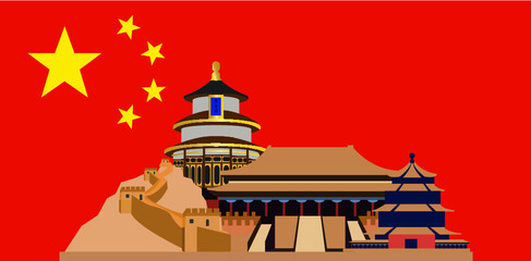 Flag of China with most popular buildings