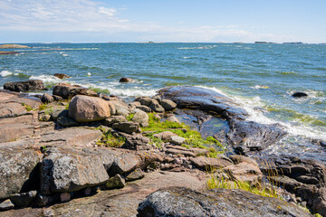 Fototapeta na wymiar Coastal view of Pihlajasaari island, rocks and Gulf of Finland, Helsinki, Finland