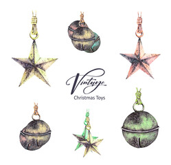 Watercolor illustration Christmas tree hanging ornaments. Metal bells and stars design elements, isolated on white. Collection holiday clip art. Old golden toy. New Year decor. Symbol of Xmas