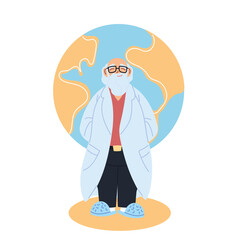 Isolated man doctor with medical mask in front of world vector design