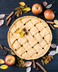 Homemade apple pie with ripe apples, species and autumn leaves on dark rustic wooden background,...