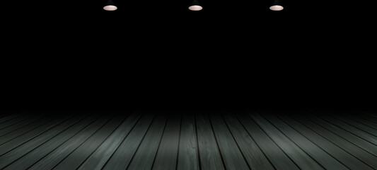 Black wooden floor and dark abstract wall interior texture for display products wall background.