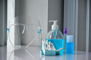New normal, medical equipments, face shield, hand sanitizer, ear sanitizer and conton buds. on the...
