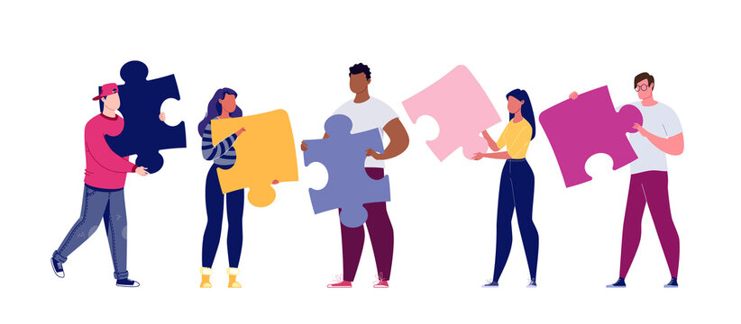 Team building concept. Business team metaphor. Business partners or company employees work together on a project. Young people put together puzzle pieces. Illustration.Vector. Flat. Cartoon.