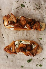 Bruschetta with chanterelles and cottage cheese macro