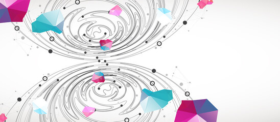 Colorful abstract swirling background with dots and geometric objects.