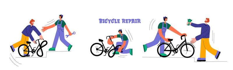 Bicycle repair. The mechanic repairs the bicycle, the mechanic inflates the wheels. The man brought a broken bike. Vector flat Illustration. Web graphics, banners, advertisements, business templates.