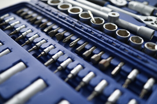Set of tools in suitcase. Professional closeup. Repair tools concept