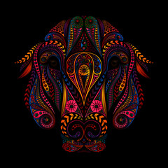 Beautiful colored vector dog in zentangle style on black background