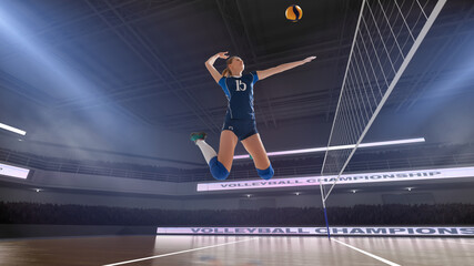 Fototapeta na wymiar Female professional volleyball players in action on 3d stadium.