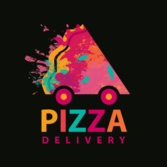 Creative banner for a pizzeria on the theme of pizza delivery. Vector illustration with an inscription and an abstract image of a pizza slice on wheels in the form of a car on the black background