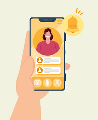 social media concept, chat messages notification on smartphone, woman in screen of mobile phone with speech bubbles