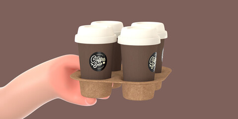 Coffee shop 3D render - barista -modern concept digital illustration of a hand holding paper coffee cups in the carton holder. Creative landing web page header