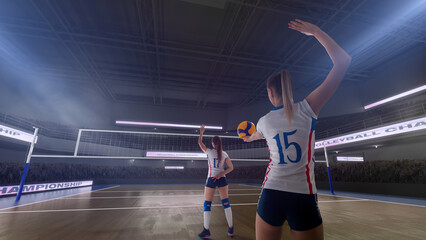 Female professional volleyball players in action on 3d stadium.