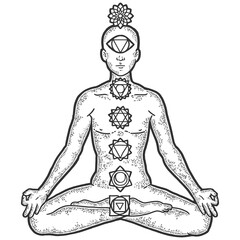 Chakra human body. Sketch scratch board imitation. Black and white.