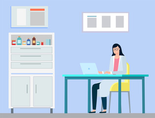 Medical worker in hospital laboratory working on computer vector, person giving diagnostics online. Cabinet with medicine and drugs for patients flat style
