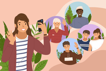 Video chat with friends. Young woman having videoconference with colleagues. Corporate video call, distant discussion. Friends talking online. Teamwork during quarantine. Chatting with friends online