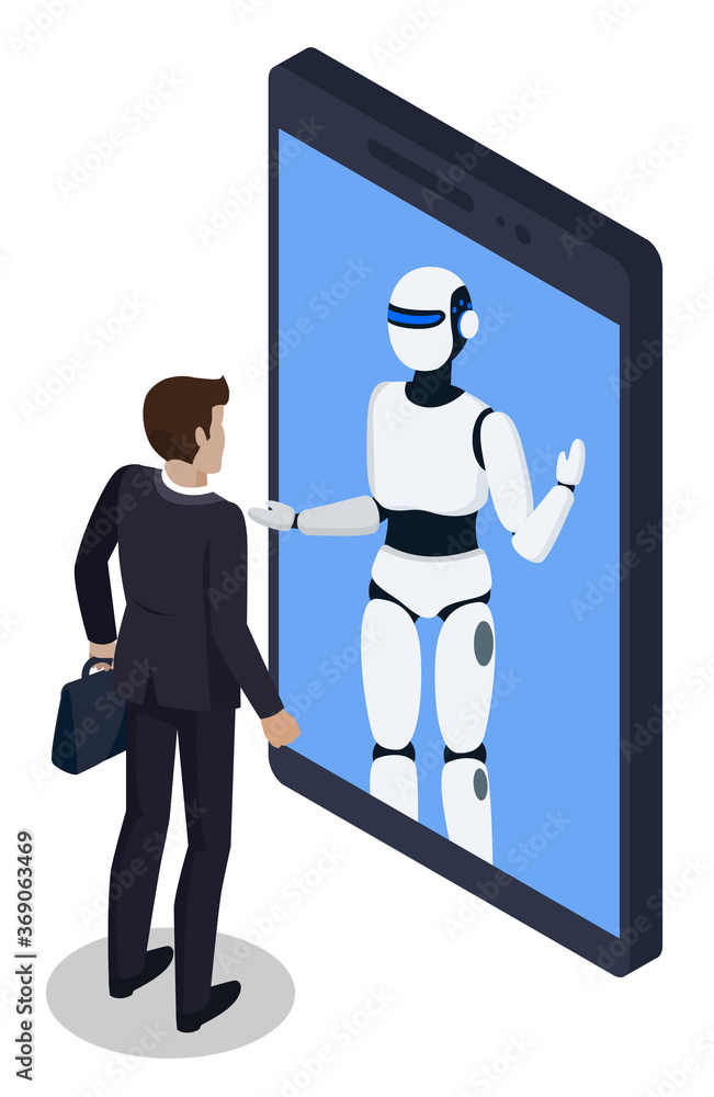 Poster businessman talking to robot in smartphone chat. isolated character having consultation at robot. ch