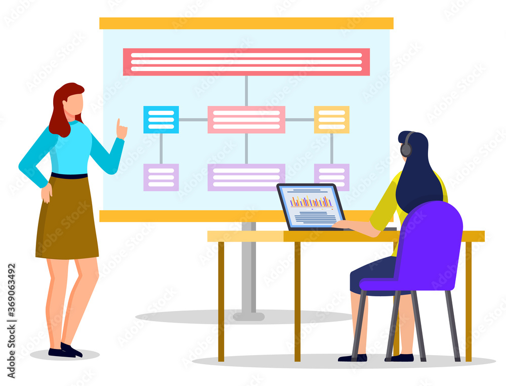 Poster conversation between office worker and manager about work. two women look at data diagrams and schem