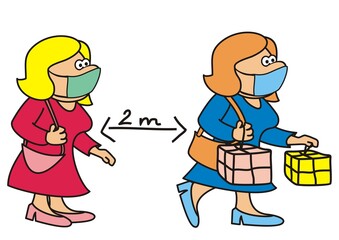 Women with protective masks in the shop, humorous vector illustration