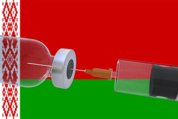 3D Illustration vaccine container bottle accompanied by a syringe with Belarus flag, covid, covid19, covid-19.