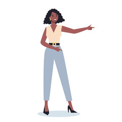 Business character pointing up something. Female business worker