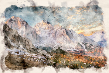 Beautiful landscape of mountains during autumn - waterpaint image