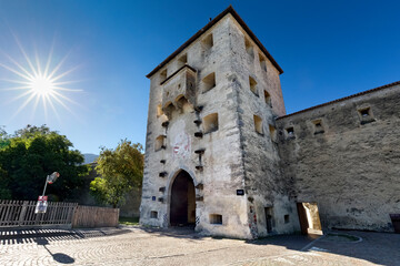 Fototapeta na wymiar The medieval tower at the entrance of the town of Glorenza. Bolzano province, Trentino Alto-Adige, Italy, Europe.