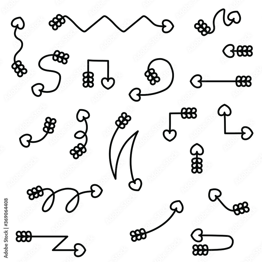 Poster abstract set black collection hand drawn different arrows elements vector design sketch style doodle