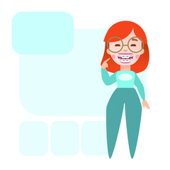 Cute smiling girl with braces on teeth. Cartoon vector flat illustration template