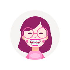 Cute smiling girl with braces on teeth. Happy kid with dental smile. Cartoon character portrait vector flat illustration