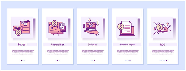 Money investment concept onboarding mobile app screens. Financial planning, budget, report, dividend and ROI return ratio steps menu.Set of UI, UX, web templates with RGB color linear icons.