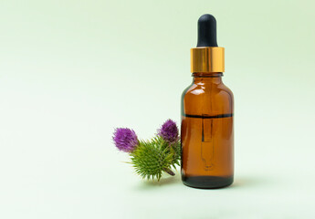 Mock up glass cosmetic brown bottle with a pipette on a mint background. There is a burdock near the jar. Health topic.