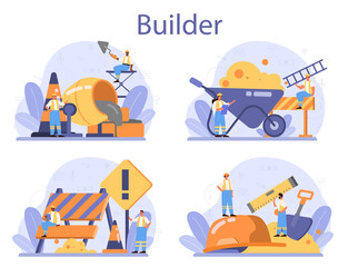 Fototapeta premium House building concept. Workers constructing home with tools