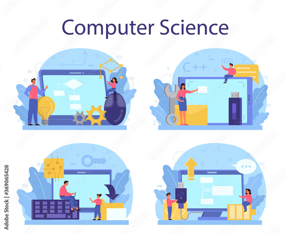Poster it education concept set. student write software and create code